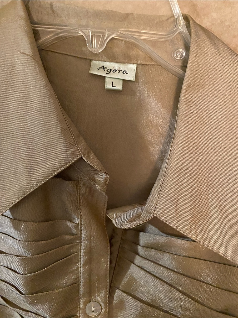 Vintage Agora Champagne Gold Satin Ruched Blouse - Short Sleeve Y2K Top. Size L - Picture 2 of 5